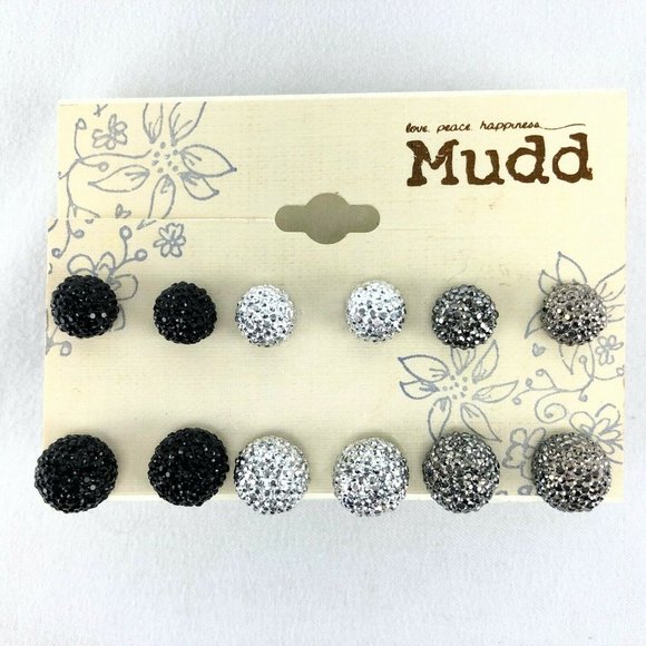 Mudd Jewelry - Mudd Earrings 6 Pairs Silver-tone & Black Sparkly Studs